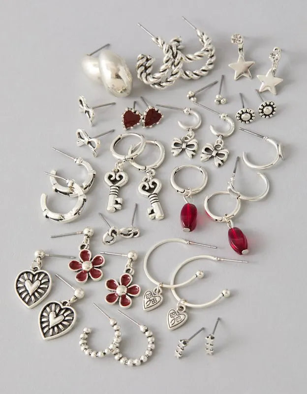 AEO Silver & Burgundy Earrings 18-Pack