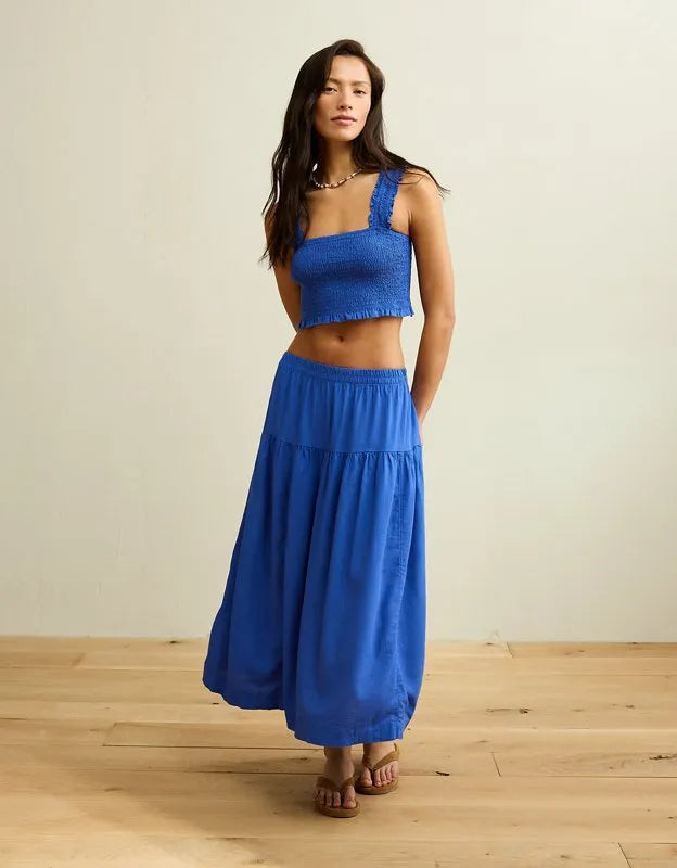 AE Cropped Linen-Blend Smocked Cami