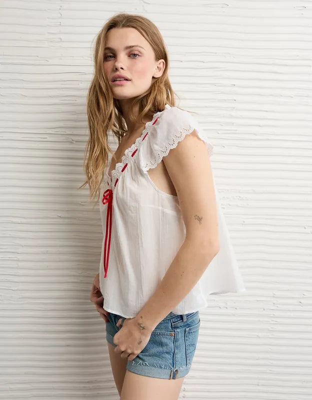 AE Short-Sleeve Ribbon Blouse