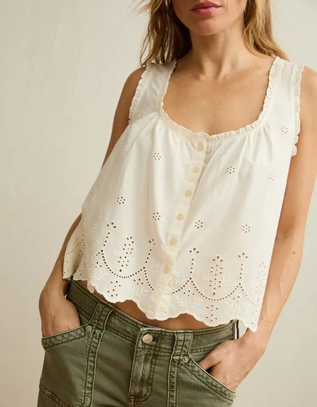AE Ruffle-Neck Eyelet Button-Up Top