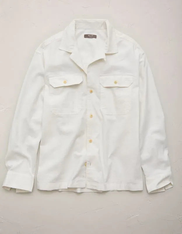AE77 Linen-Blend Camp Collar Surplus Shirt