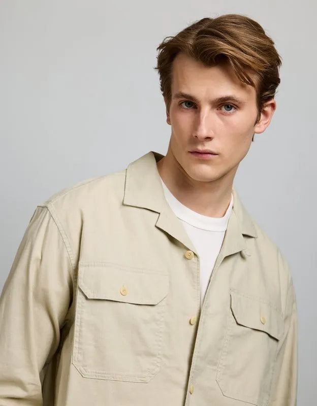AE77 Linen-Blend Camp Collar Surplus Shirt