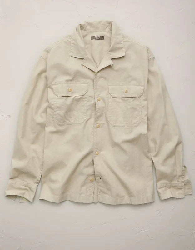 AE77 Linen-Blend Camp Collar Surplus Shirt