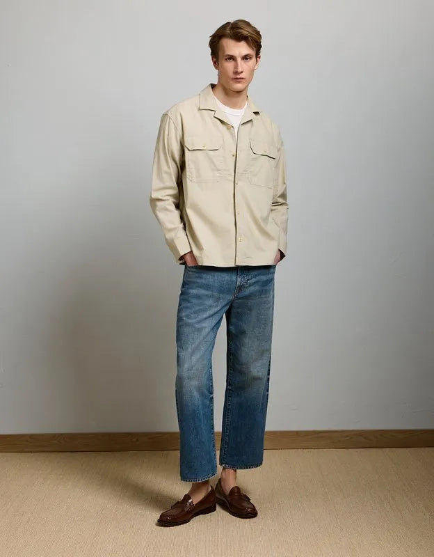 AE77 Linen-Blend Camp Collar Surplus Shirt