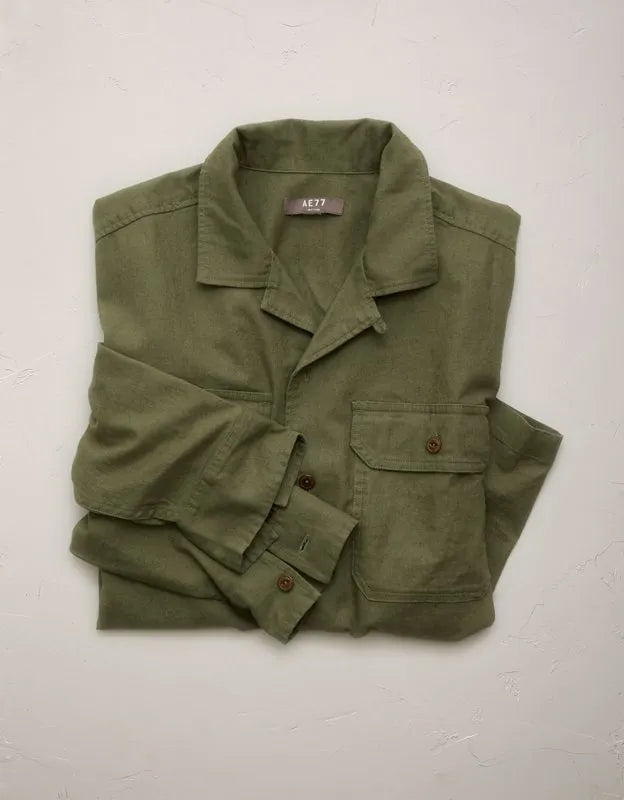 AE77 Linen-Blend Camp Collar Surplus Shirt