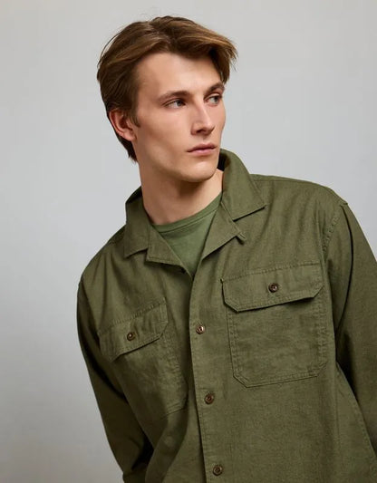 AE77 Linen-Blend Camp Collar Surplus Shirt
