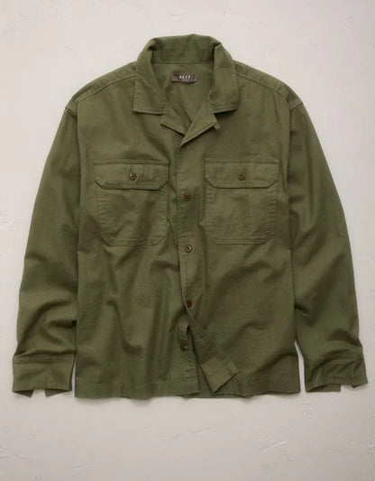 AE77 Linen-Blend Camp Collar Surplus Shirt