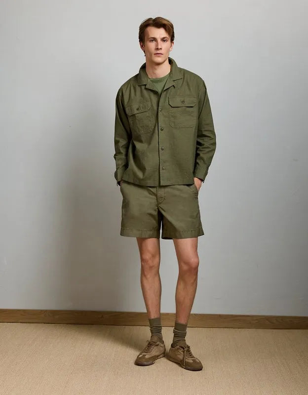 AE77 Linen-Blend Camp Collar Surplus Shirt
