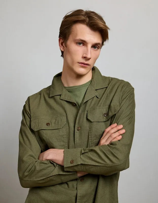 AE77 Linen-Blend Camp Collar Surplus Shirt