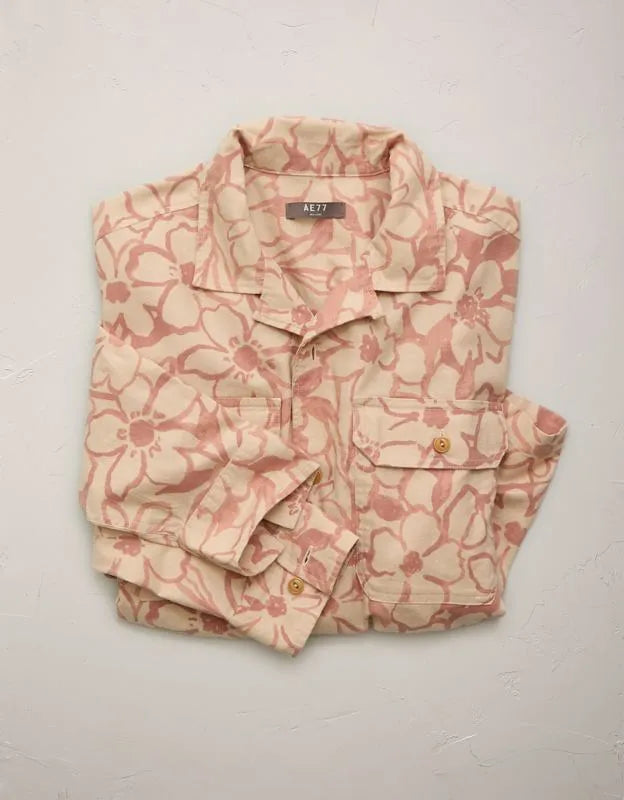 AE77 Linen-Blend Camp Collar Surplus Shirt