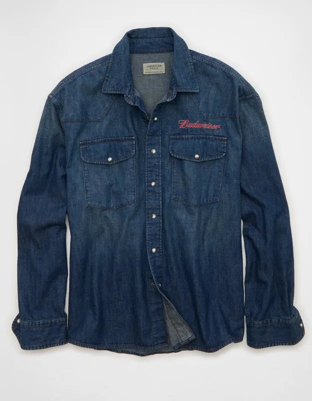 AE Relaxed Fit Budweiser Denim Button-Up Shirt