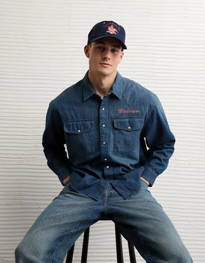 AE Relaxed Fit Budweiser Denim Button-Up Shirt