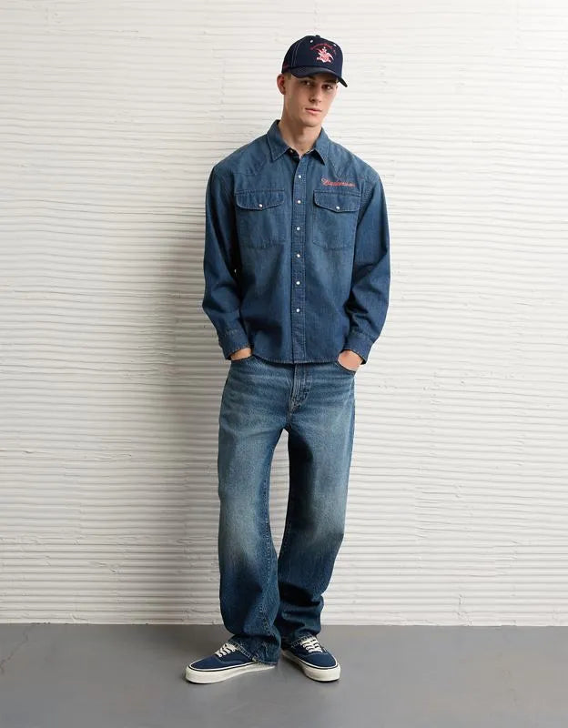 AE Relaxed Fit Budweiser Denim Button-Up Shirt