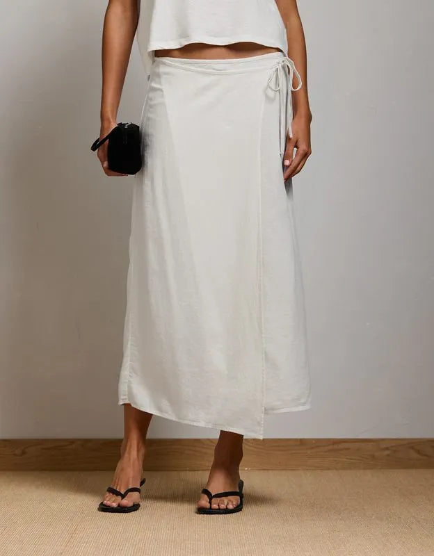 AE77 Linen-Blend Wrap Midi Skirt