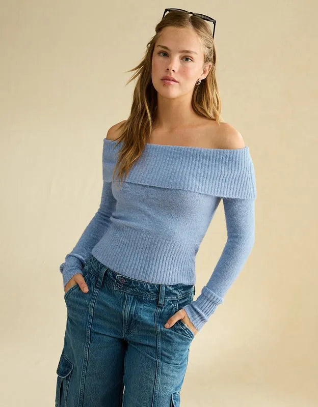 AE Whoa So Soft Off-The-Shoulder Foldover Sweater Top