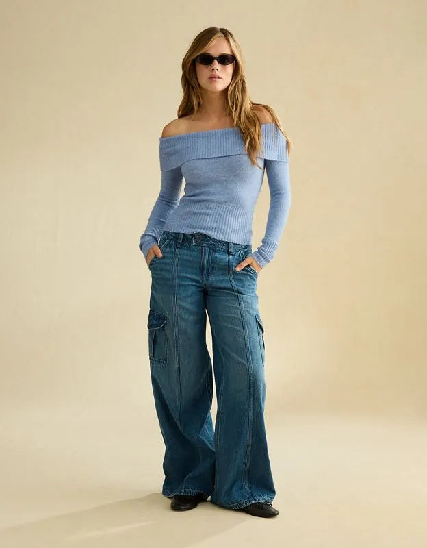 AE Whoa So Soft Off-The-Shoulder Foldover Sweater Top