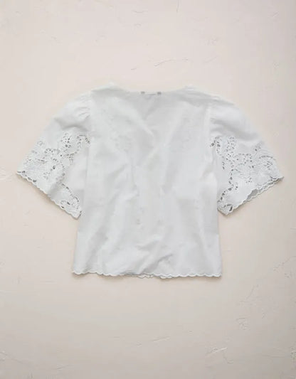 AE77 Eyelet Lace Short-Sleeve Blouse