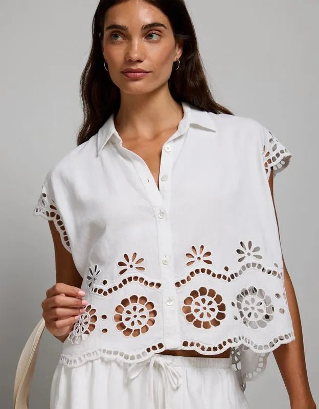 AE77 Embroidered Linen-Blend Button-Up Shirt
