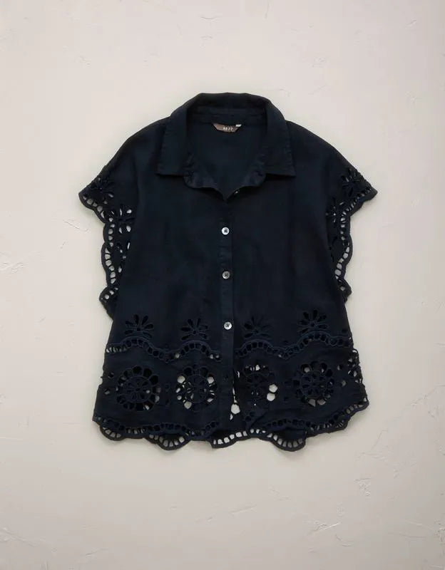 AE77 Embroidered Linen-Blend Button-Up Shirt