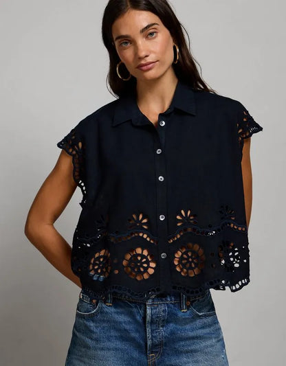 AE77 Embroidered Linen-Blend Button-Up Shirt