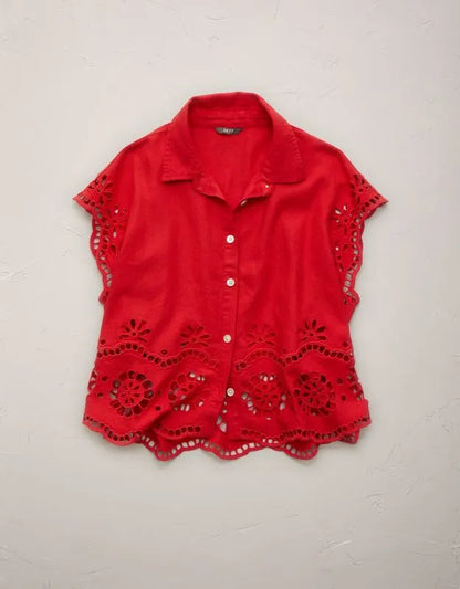 AE77 Embroidered Linen-Blend Button-Up Shirt