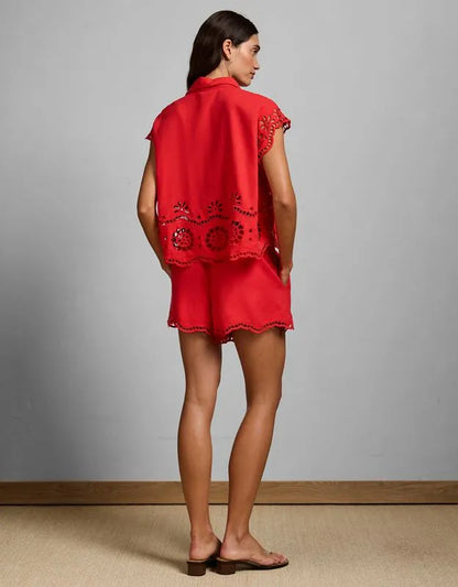 AE77 Embroidered Linen-Blend Button-Up Shirt