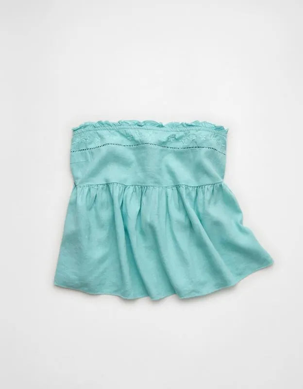 AE Embroidered Strapless Babydoll Linen-Blend Tube Top