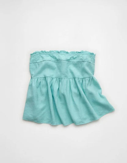 AE Embroidered Strapless Babydoll Linen-Blend Tube Top