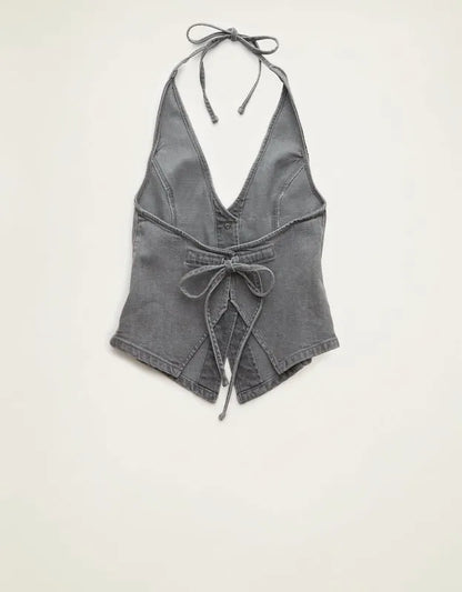 AE Tie-Back Loose Denim Halter Vest