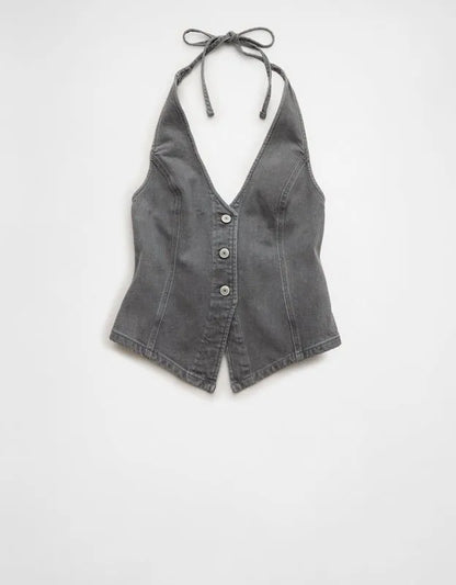 AE Tie-Back Loose Denim Halter Vest