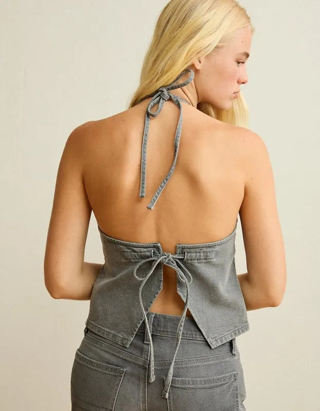 AE Tie-Back Loose Denim Halter Vest