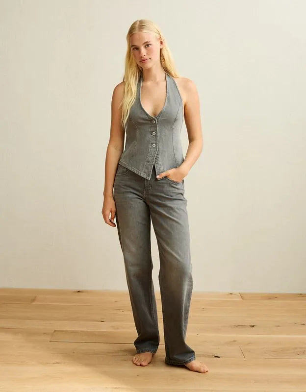 AE Tie-Back Loose Denim Halter Vest