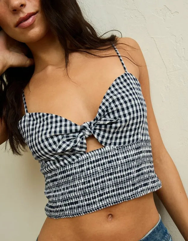 AE Cropped Tie-Front Smocked Cami