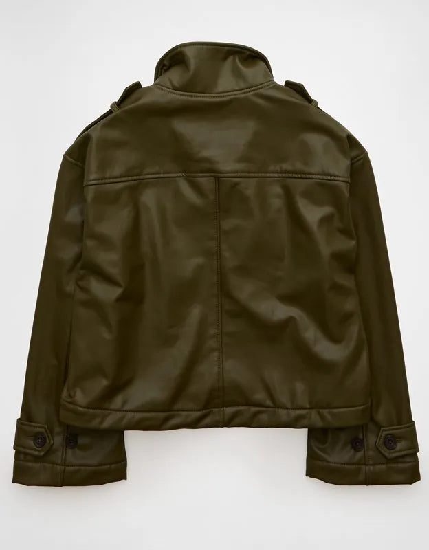 AE Faux Leather Cropped Trench Jacket