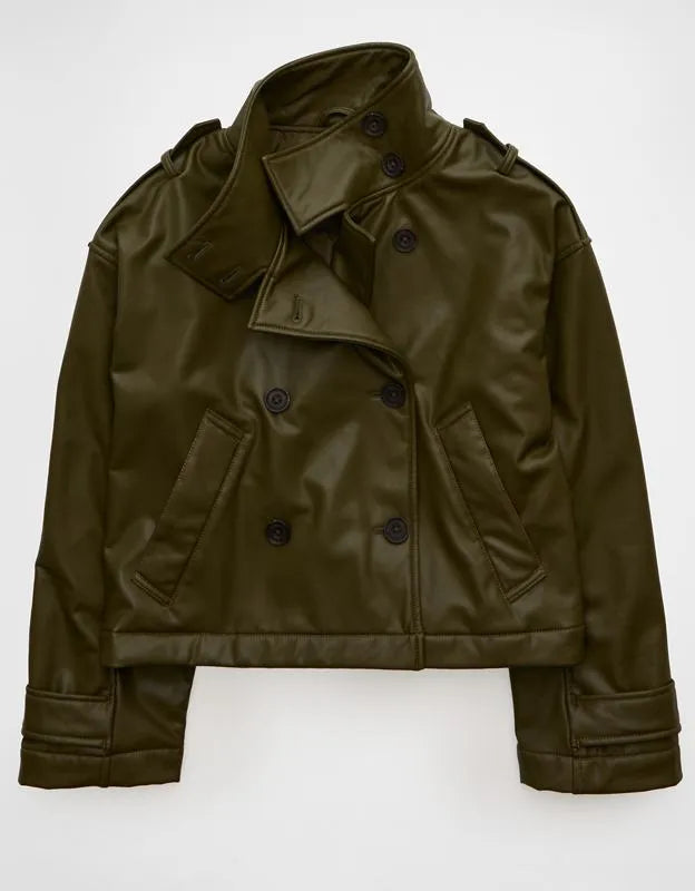 AE Faux Leather Cropped Trench Jacket
