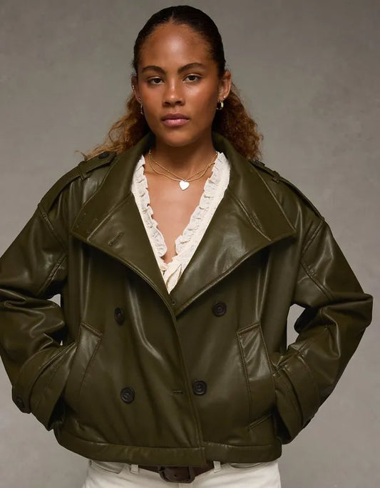 AE Faux Leather Cropped Trench Jacket