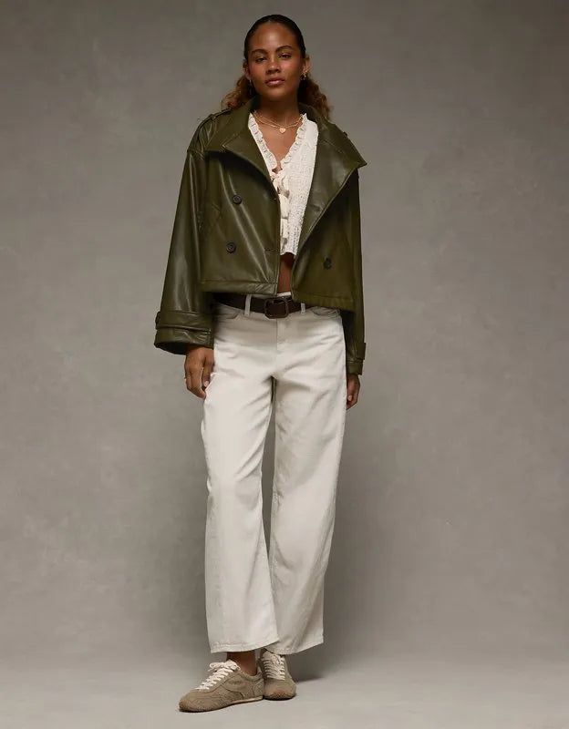 AE Faux Leather Cropped Trench Jacket
