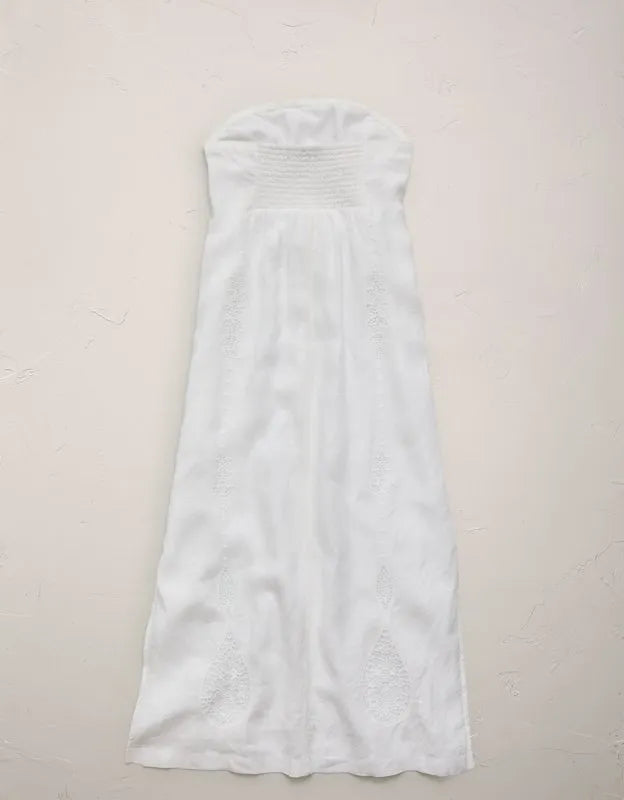 AE77 Embroidered Strapless Linen Tube Dress
