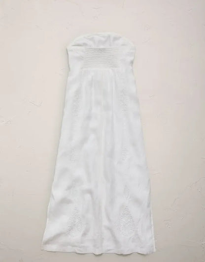 AE77 Embroidered Strapless Linen Tube Dress
