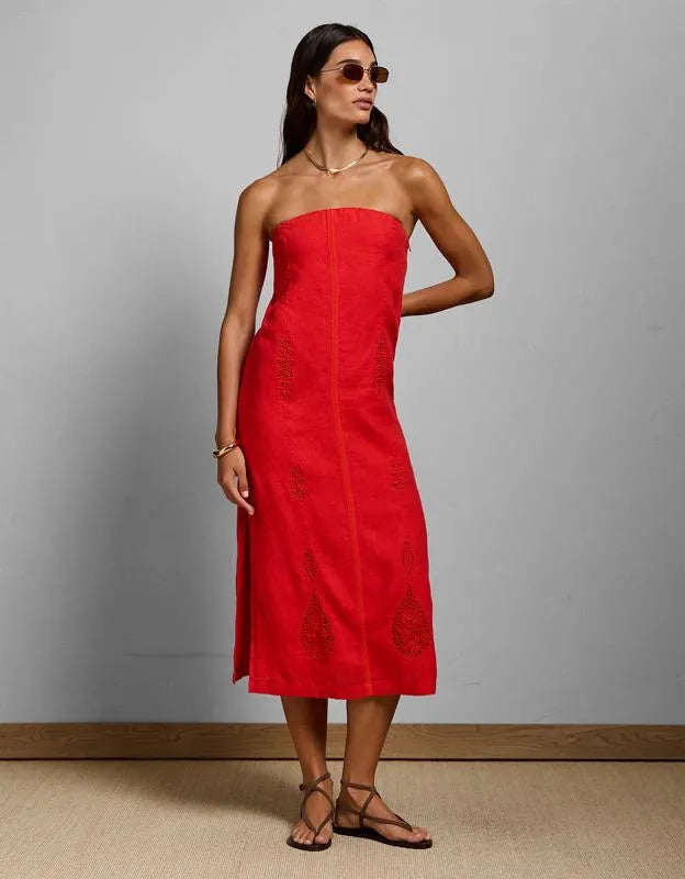 AE77 Embroidered Strapless Linen Tube Dress