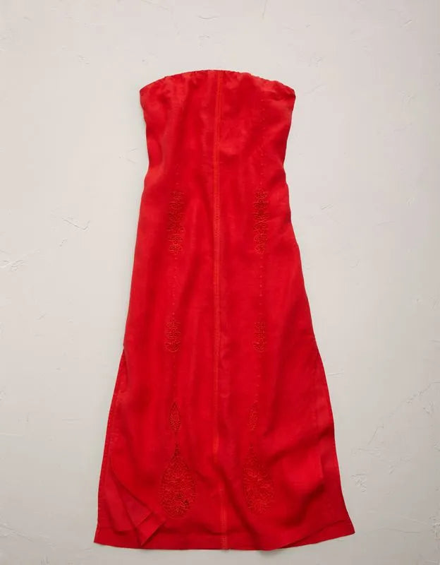 AE77 Embroidered Strapless Linen Tube Dress