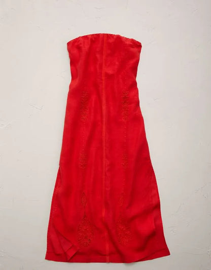 AE77 Embroidered Strapless Linen Tube Dress