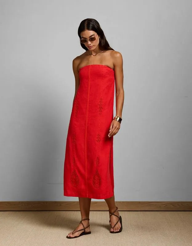 AE77 Embroidered Strapless Linen Tube Dress