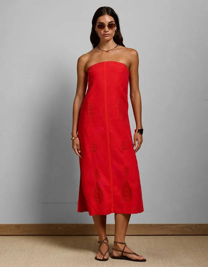 AE77 Embroidered Strapless Linen Tube Dress