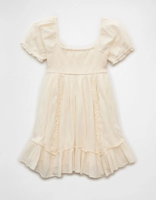 AE Babydoll Puff-Sleeve Embroidered Mini Dress