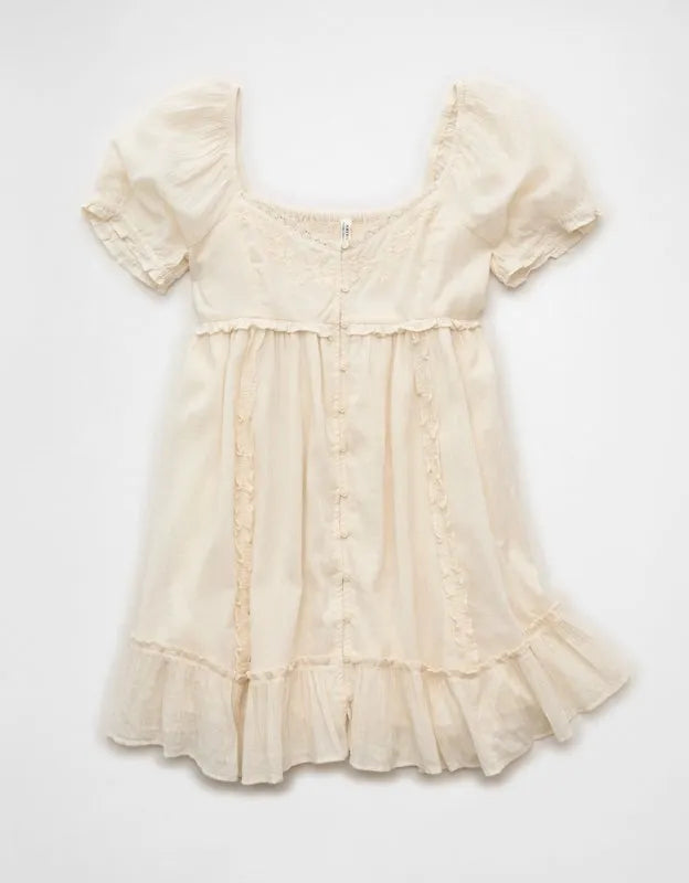 AE Babydoll Puff-Sleeve Embroidered Mini Dress