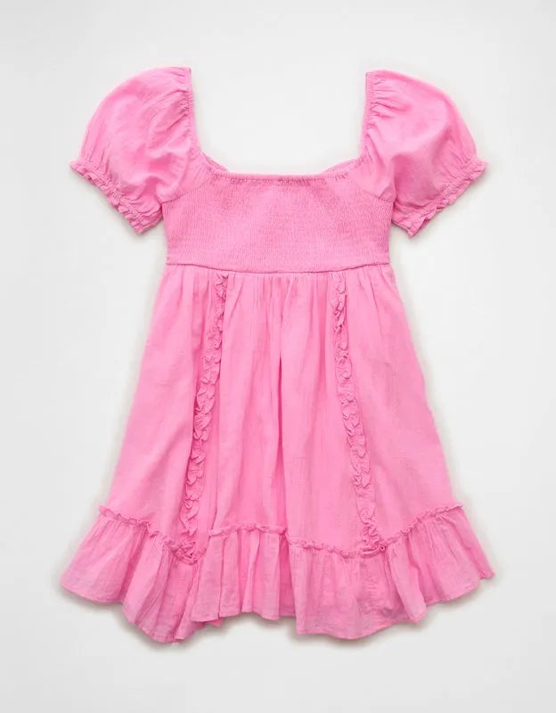 AE Babydoll Puff-Sleeve Embroidered Mini Dress