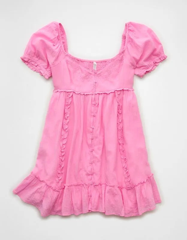 AE Babydoll Puff-Sleeve Embroidered Mini Dress