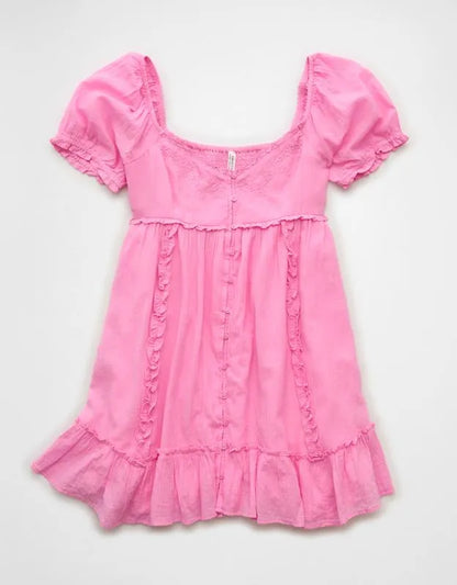 AE Babydoll Puff-Sleeve Embroidered Mini Dress
