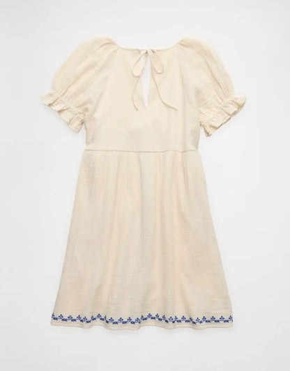 AE Embroidered Puff-Sleeve Babydoll Mini Dress